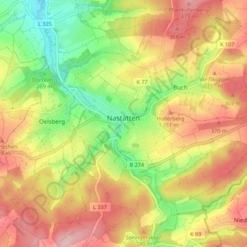 Mapa topográfico Nastätten, altitud, relieve