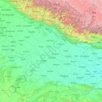 Mapa topográfico Uttar Pradesh, altitud, relieve