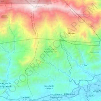 Mapa topográfico San Cristóbal Acasaguastlán, altitud, relieve