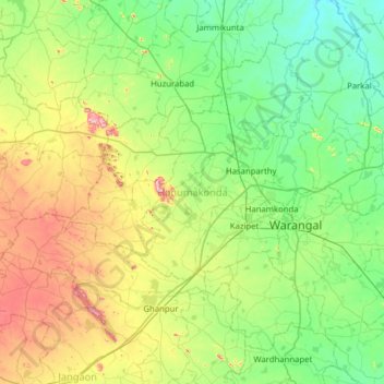 Mapa topográfico Hanumakonda, altitud, relieve
