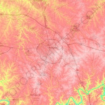 Mapa topográfico Lexington, altitud, relieve