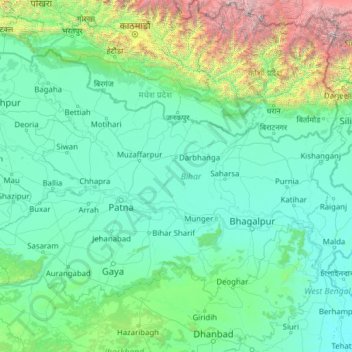 Mapa topográfico Bihar, altitud, relieve