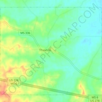 Mapa topográfico Thaxton, altitud, relieve