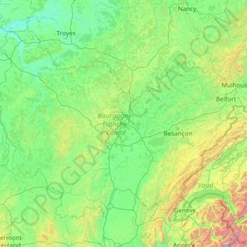 Mapa topográfico Borgoña-Franco Condado, altitud, relieve