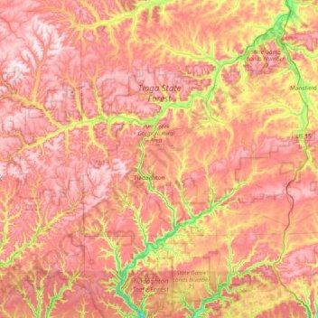 Mapa topográfico Tioga State Forest, altitud, relieve