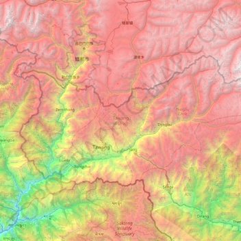Mapa topográfico Tawang district, altitud, relieve