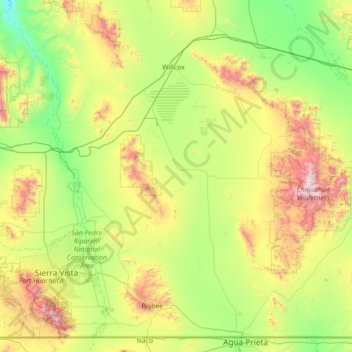 Mapa topográfico Cochise County, altitud, relieve