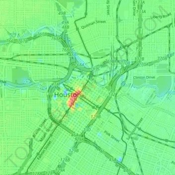 Mapa topográfico original boundary of City of Houston, altitud, relieve