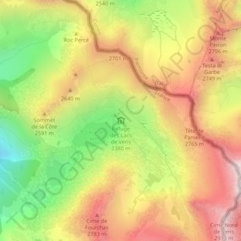 Mapa topográfico Refuge des Lacs de Vens, altitud, relieve