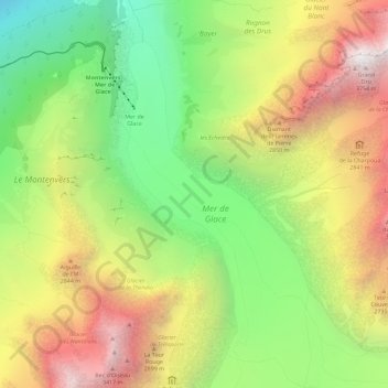 Mapa topográfico Mer de Glace, altitud, relieve