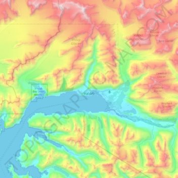 Mapa topográfico Valdez, altitud, relieve