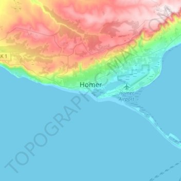 Mapa topográfico Homer, altitud, relieve