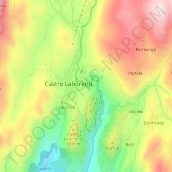 Mapa topográfico Cascata Castro Laboreiro, altitud, relieve