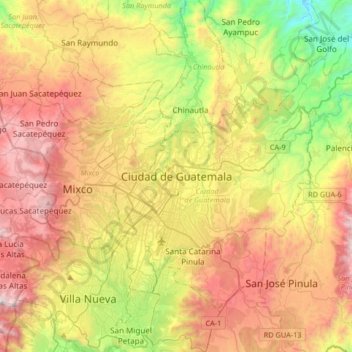 Mapa topográfico Ciudad de Guatemala, altitud, relieve