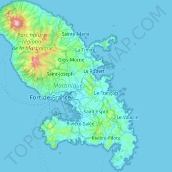 Mapa topográfico Martinica, altitud, relieve